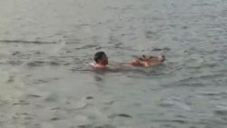 CNNE 902545 - hombre se lanza al rescate de un ternero que cayo al mar