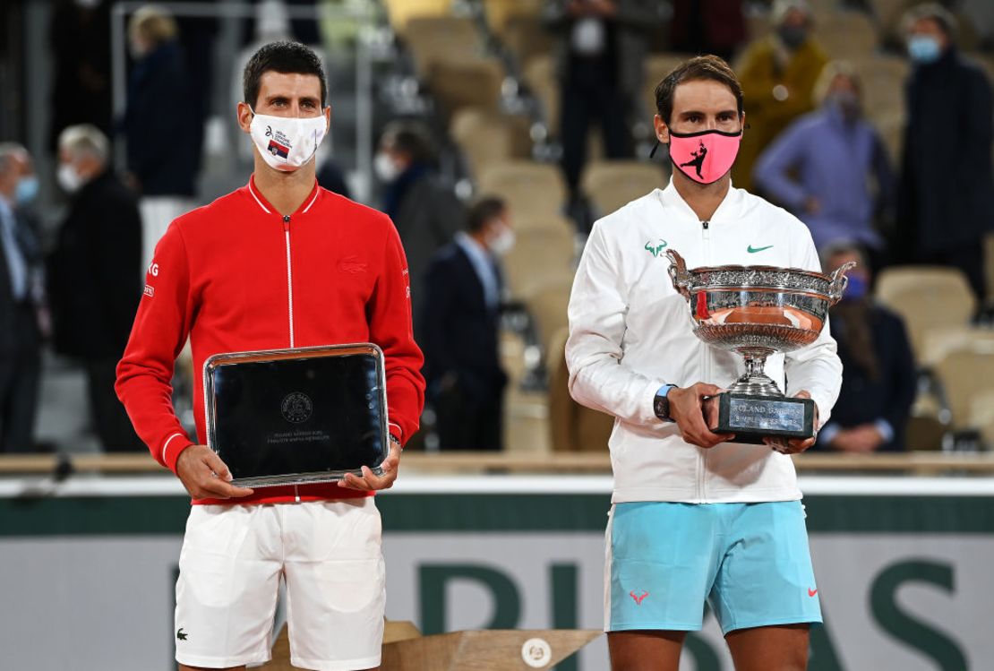 Novak Djokovic y Rafael Nadal en la final de Roland Garros el 11 de octubre de 2020. Crédito: Shaun Botterill/Getty Images