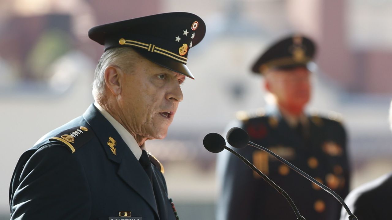 MEXICO CITY, MEXICO - APRIL 24:  Mexican General Salvador Cienfuegos Zepeda speaks during an an official reception with Canada's Defense Minister Rob Nicholson and  U.S. Defense Secretary Chuck Hagel on April 24, 2014 in Mexico City, Mexico. Hagel is on a three-day trip to Mexico where he will attend the second U.S.-Canada-Mexico North American Defense Ministerial conference.