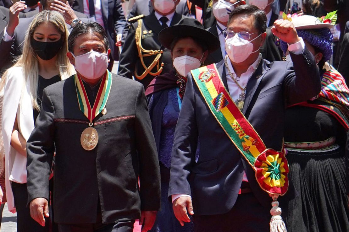 Luis Arce y David Choquehuanca en la toma de posesión el domingo 8 de octubre en La Paz. Crédito: Javier Mamani/Getty Images