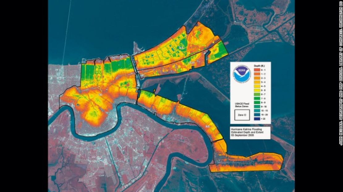 Niveles de inundación en Nueva Orleans cuatro días después de que el ojo del huracán Katrina tocara tierra en la costa del Golfo.