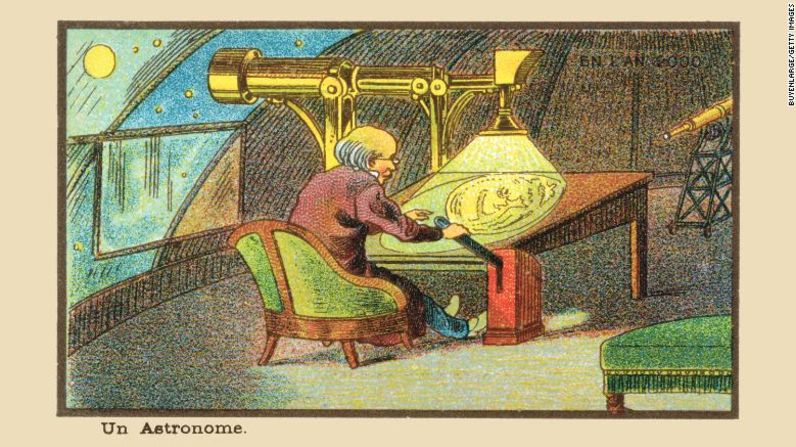 En 1899, el artista francés Jean-Marc Cote produjo una serie de ilustraciones que predicen tecnologías en el año 2000. En "Un Astronome", muestra a un hombre viendo una proyección de la Luna sobre una mesa. Buyenlarge / Getty Images