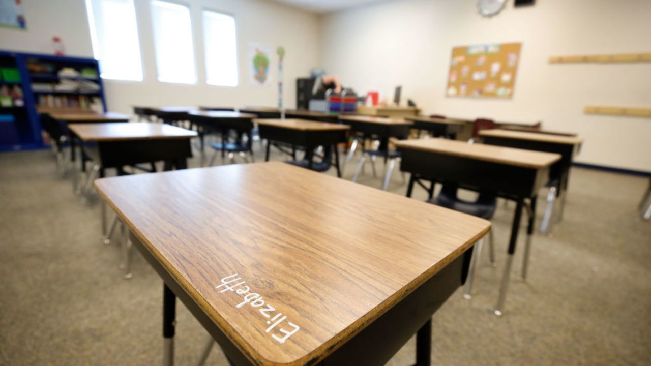 PROVO, UT - AUGUST 13: A student's name is written on a desk as a teacher sets up her classroom at Freedom Preparatory Academy as teachers begin to prepare to restart school after it was closed in March due to COVID-19 on August 13, 2020 in Provo, Utah. The school is planning to have students return on August 18 for five days a week instruction, but with reduced hours during the day.