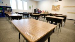 PROVO, UT - AUGUST 13: A student's name is written on a desk as a teacher sets up her classroom at Freedom Preparatory Academy as teachers begin to prepare to restart school after it was closed in March due to COVID-19 on August 13, 2020 in Provo, Utah. The school is planning to have students return on August 18 for five days a week instruction, but with reduced hours during the day.