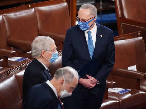 La sesión para contar y certificar los votos del Colegio Electoral para presidente y vicepresidente fue suspendida. En esta foto aparecen los senadores Chuck Schumer y Mitch McConell antes de la suspensión.