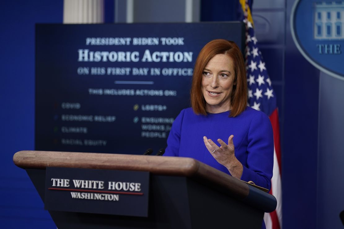 La secretaria de prensa de la Casa Blanca, Jen Psaki, habla durante su primera rueda de prensa en la Casa Blanca el miércoles 20 de enero.