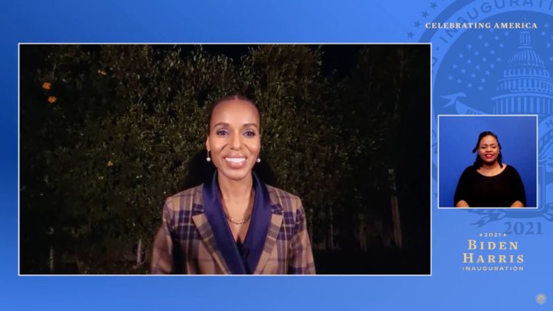 La actriz y activista Kerry Washington, quien ya había hecho parte de la Convención Nacional Demócrata en agosto, participó también en el evento de toma de posesión. Handout/Biden Inaugural Committee via Getty Images)
