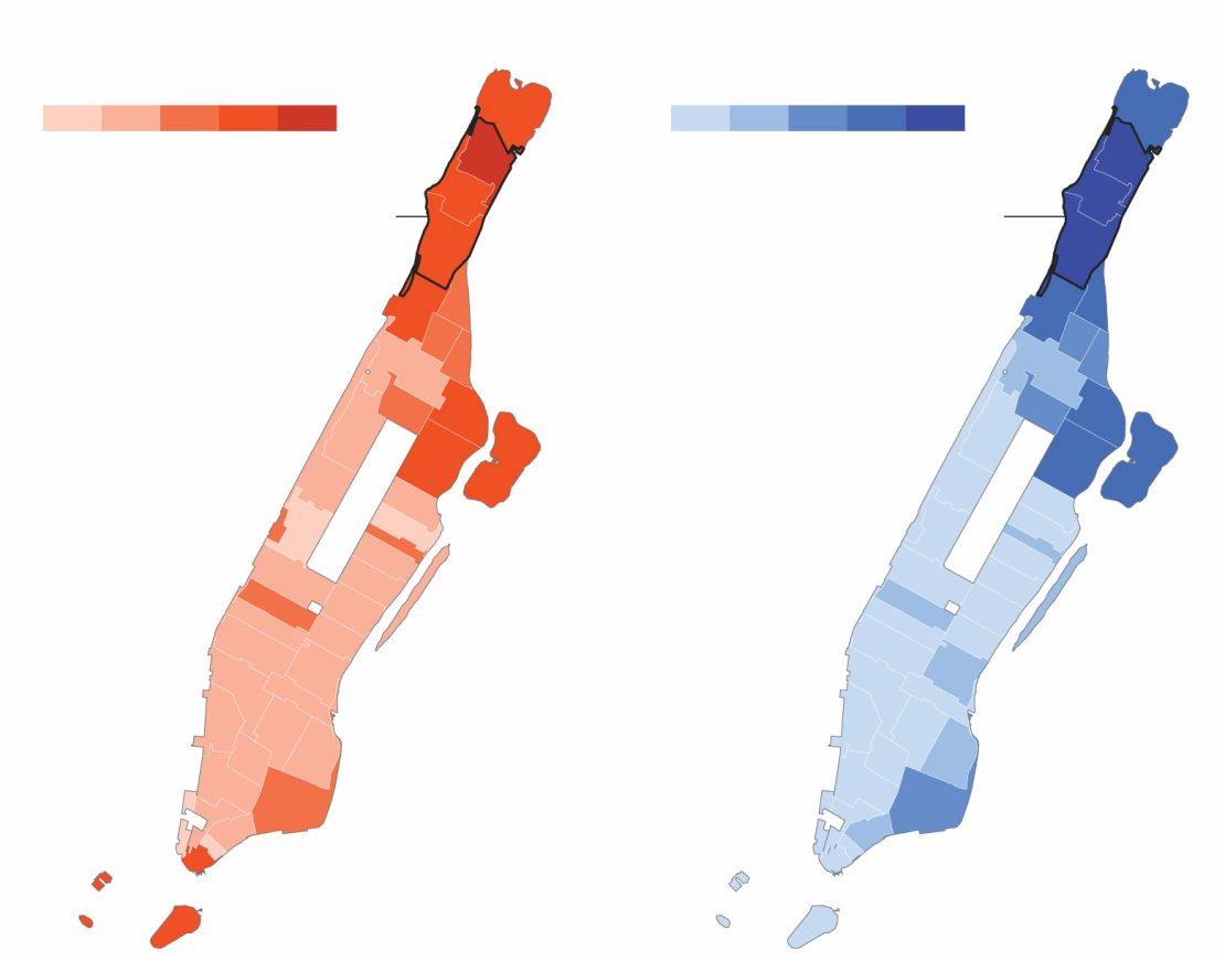 El barrio, que es mayoritariamente hispano o latino, tiene la mayor positividad de pruebas y tasas de casos en Manhattan. Los médicos de Washington Heights están preocupados porque los residentes de la zona reciben un acceso equitativo a la vacuna contra el covid-19. Fuente: New York City health department. Gráfico: Priya Krishnakumar, CNN