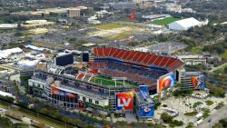 TAMPA, FLORIDA - JANUARY 31:  An aerial view of Raymond James Stadium ahead of Super Bowl LV on January 31, 2021 in Tampa, Florida.