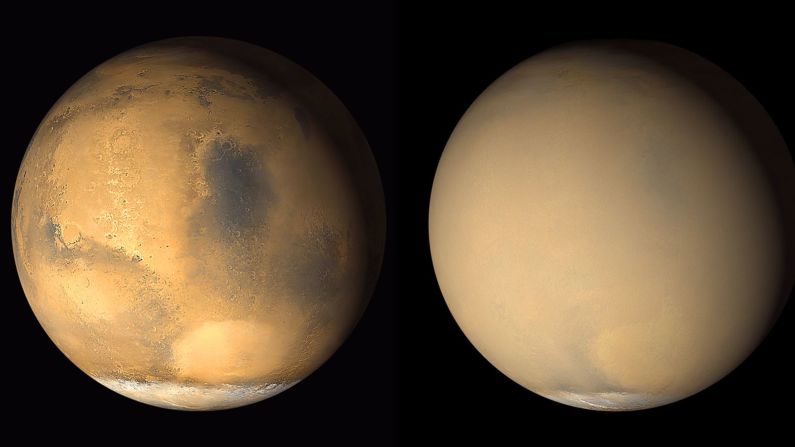 Se sabe que Marte tiene tormentas de arena que rodean el planeta. Estas imágenes que tomó el orbitador Mars Global Surveyor de la NASA en 2001 muestran un cambio drástico en la apariencia del planeta cuando la neblina generada por la actividad de las tormentas de arena en el sur se distribuyó globalmente.