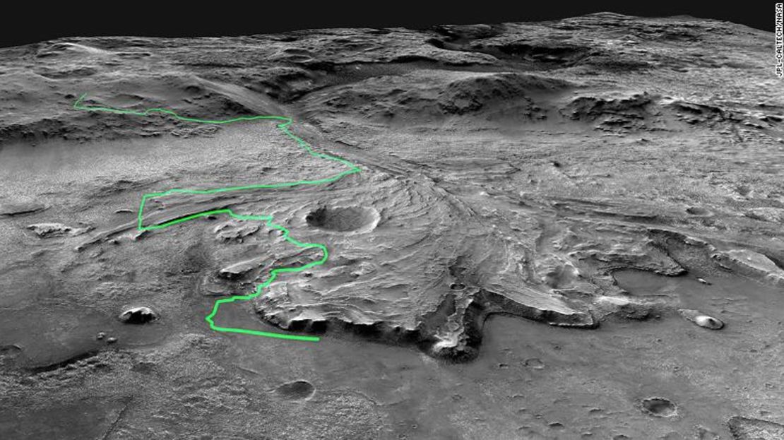 Este mosaico de imágenes recopiladas por el Mars Reconnaissance Orbiter muestra una posible ruta que el rover Perseverance podría tomar a través del cráter Jezero.