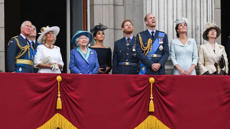 Miembros de la familia real observan un espectáculo de aeronaves durante un evento en julio de 2018, que marcó el centenario de Royal Air Force. De izquierda a derecha están el príncipe Carlos; el príncipe Andrés; Camilla, duquesa de Cornualles; la reina Isabel II; Meghan, duquesa de Sussex; el príncipe Harry; el príncipe William y Catherine, duquesa de Cambridge.