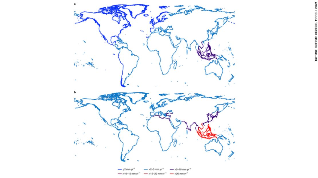 Este mapa global muestra la tasa promedio de aumento relativo del nivel del mar en milímetros por año y está ponderado por población (segundo mapa). El mapa está dividido en 23 regiones costeras diferentes y los sombreados se basan en cómo los niveles del mar están aumentando cada año. Al ponderar los datos a la población opuesta a la longitud de la costa (primer mapa), el aumento del nivel del mar es mayor debido a la actividad humana que promueve el hundimiento y la pérdida de elevación. Porciones de Asia están experimentando la tasa más alta de aumento de agua cuando se tienen en cuenta tanto el promedio de longitud como el promedio de población. Fuente: Nature Climate Change, marzo de 2021.