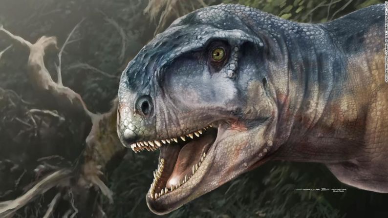 Este es el Llukalkan aliocranianus, una especie de dinosaurio que además de tener garras enormes y poderosa mordida, habría tenido un agudo sentido del oído.