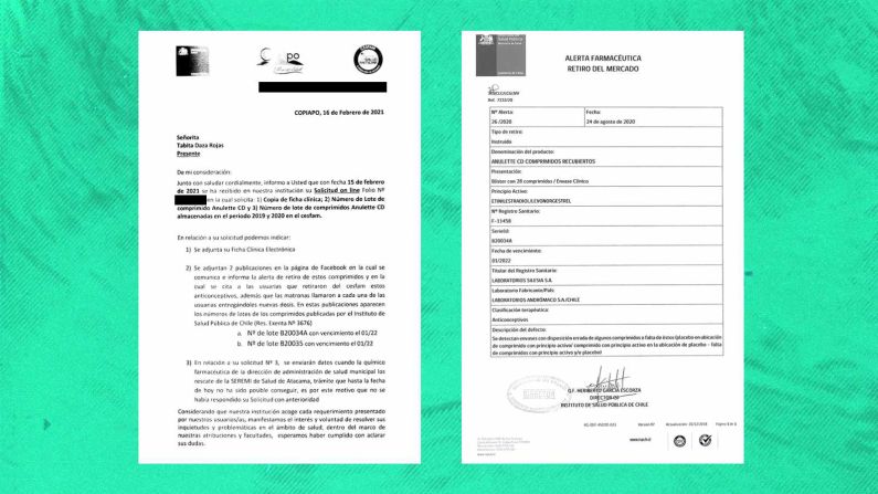 El 21 de febrero de 2021, las autoridades de Salud de Chile le escribieron una respuesta a Tabita Rojas sobre sus preguntas sobre la controversia por las píldoras anticonceptivas Anulette CD (página de la derecha). A la izquierda se puede ver la alerta del ISP de agosto 24 de 2020 anunciando el retiro del primer lote defectuoso de pastillas.