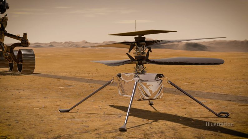 En esta ilustración el helicóptero Ingenuity se encuentra sobre la superficie de Marte, mientras el rover Perseverance (parcialmente visible a la izquierda) se aleja. Si el helicóptero tiene éxito, podría permitir que la exploración aérea del planeta rojo se amplíe, pues su tecnología ayudaría a otros vehículos.