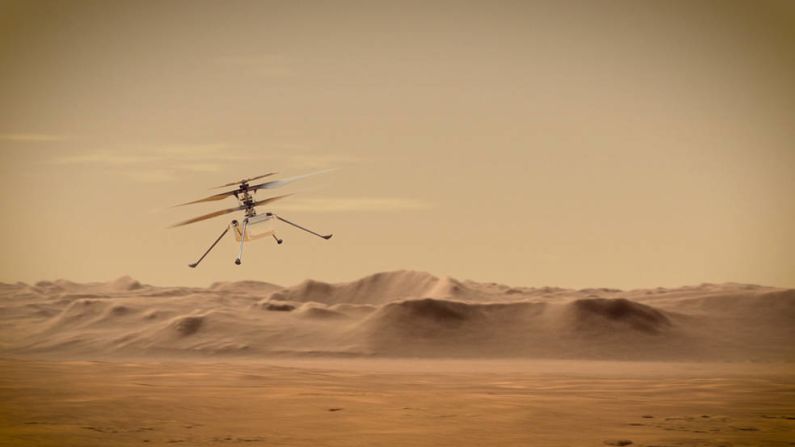 Esta ilustración muestra cómo volaría el helicóptero Ingenuity por los cielos de Marte.