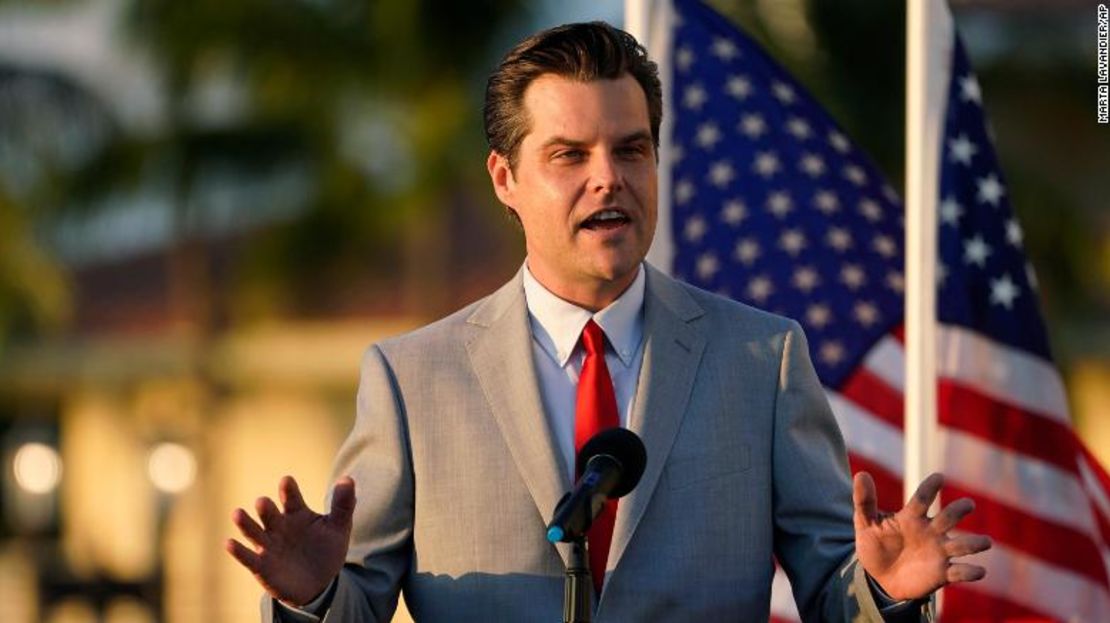 El congresista Matt Gaetz republicano de Florida, habla en un evento de "Women for American First" el viernes 9 de abril de 2021, en Doral, Florida.