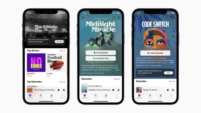 Apple presentó Apple Podcasts Subscriptions, una nueva forma para que los usuarios descubran contenido adicional y personalizado, canales y acceso temprano a series originales. Este método de suscripciones estará disponible en mayo en más de 170 países.