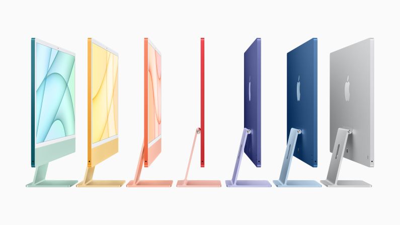 Apple presentó la nueva colorida línea iMac, una serie de computadoras de escritorio que integran el chip M1, el botón Touch ID, una pantalla de 24 pulgadas y 4.5 K con 11.3 millones de píxeles. La nueva iMac tiene un precio inicial de 1.299 dólares para cuatro colores, y de US$ 1.499 para los otros tres colores con funciones adicionales.