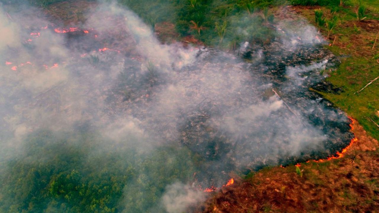 TOPSHOT - Aerial view of a large forest fire in Ramal do Cinturao Verde, in the Janauaca District, Careiro Castanho, 113 km from Manaus, Amazon region, Brazil, on August 4, 2020. (Photo by CHICO BATATA / AFP)