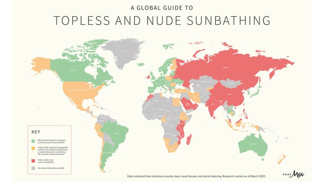 Tomar el sol en topless o desnudo: la marca de trajes de baño Pour Moi, del Reino Unido, elaboró este nuevo mapa tras investigar dónde está permitido tomar el sol en topless y desnudo en todo el mundo. Los países en verde aceptan legalmente el nudismo y estar topless. Los lugares en ámbar consideran que la desnudez pública es inaceptable, pero hay lugares específicos para tomar el sol al desnudo. Los países en rojo prohíben estrictamente la desnudez pública.De los sitios en gris no hay suficiente información. Cortesía de Pour Moi