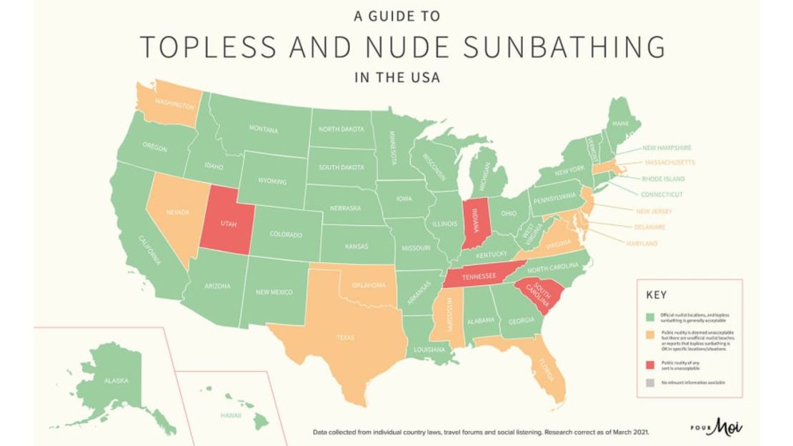 ¡No te quites el top en Tennessee! Los estados en verde aceptan legalmente el nudismo y estar topless. Los estados en ámbar consideran que la desnudez pública es inaceptable, pero hay lugares específicos para tomar el sol al desnudo. Los estados en rojo prohíben estrictamente la desnudez pública. De los sitios en gris no hay suficiente información. Cortesía de Pour Moi