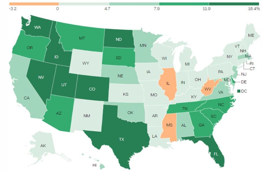 Variación porcentual de la población estatal, 2010-2020Fuente: Oficina del Censo de EE.UU.Gráfico Renée Rigdon, CNN