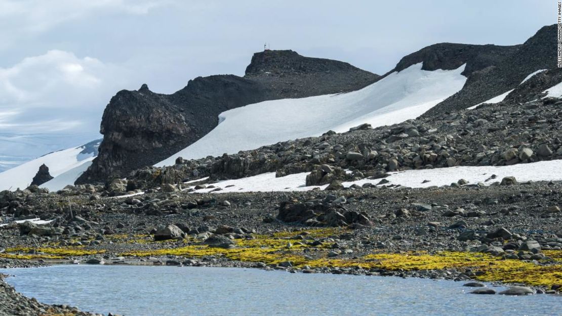 Este pequeño lago se formó por el deshielo. Al fondo, las capas de hielo en una colina junto a la estación Comandante Ferraz, el 5 de enero de 2020, en la isla Rey Jorge, en la Antártida.