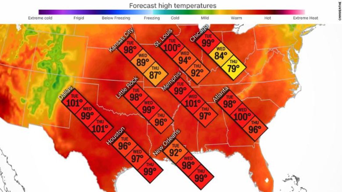 Este es el pronóstico meteorológico del martes, miércoles y jueves para EE.UU., mientras una ola de calor recorre el país. (Las temperaturas del gráfico están en grados Fahrenheit).