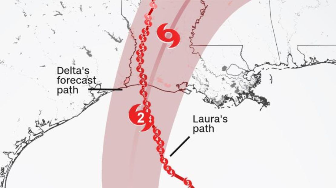 La trayectoria proyectada del huracán Delta se compara con la del huracán Laura.