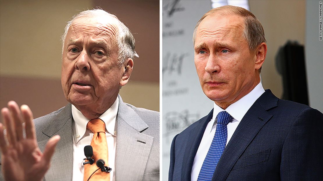 El multimillonario del petróleo, T. Boone Pickens (a la izquierda), cree que la incertidumbre sobre la campaña militar del presidente ruso Vladímir Putin (a la derecha) en Siria está ayudando a aumentar los precios del petróleo.