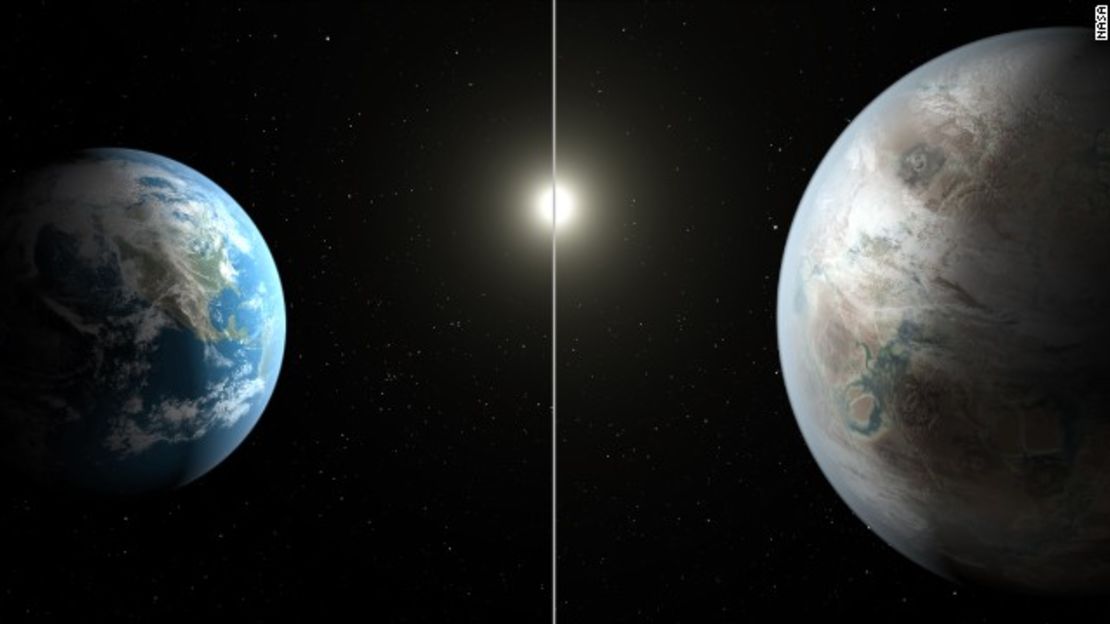 Una comparación paralela de Kepler 452-b y de la Tierra (representación de un artista).