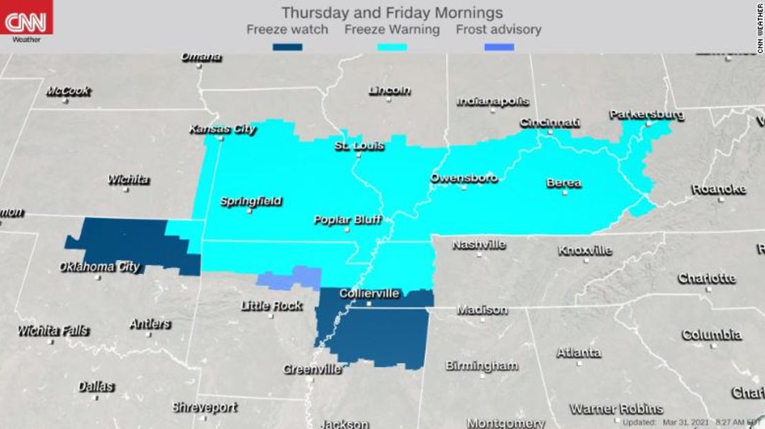 Los avisos y advertencias de heladas están vigentes para el aire frío que se espera el jueves y viernes en la mañana.