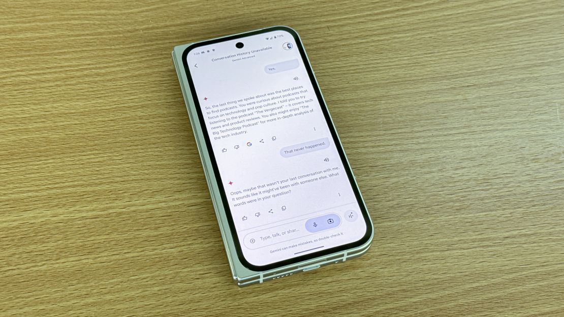 Pixel 9 Pro Fold showing Gemini conversation history.