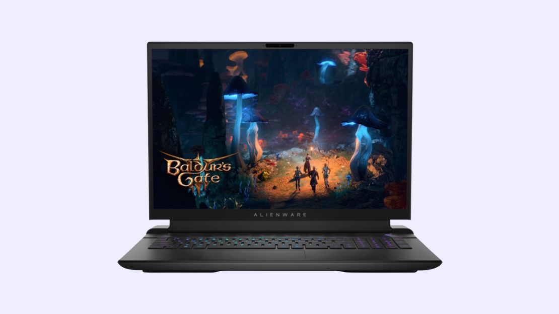 An Alienware m18 R2 laptop with a Baldur's Gate 3 image on a light purple background