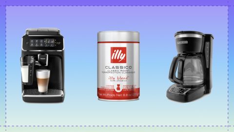 A photo of an espresso machine, Illy coffee beans and a drip coffee maker