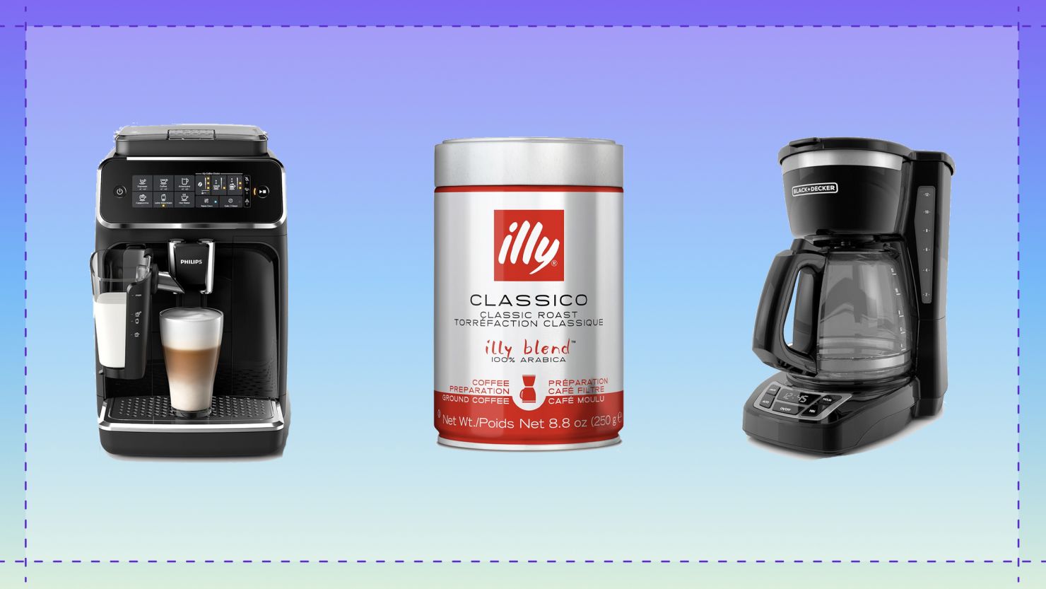 A photo of an automatic espresso machine, Illy coffee can and a drip coffee maker