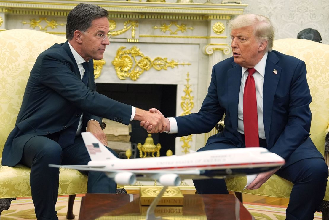 President Donald Trump, right, shakes the hand of NATO Secretary General Mark Rutte during a meeting in the Oval Office of the White House in Washington, DC, on Monday.