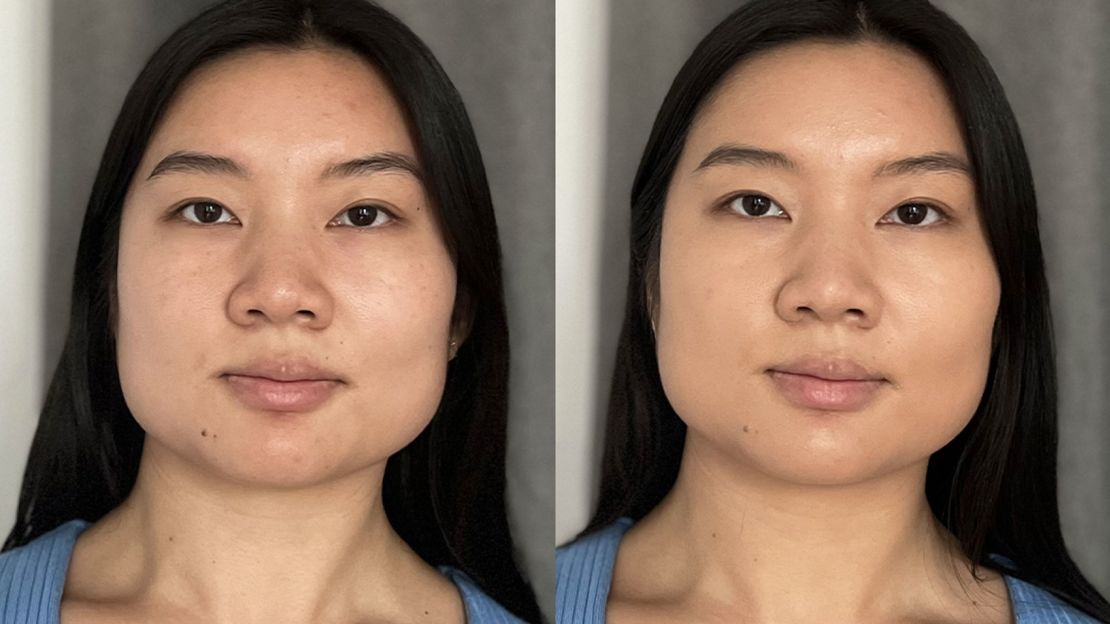 Left: No makeup. Right: After applying the Colorescience Sunforgettable Total Protection Face Shield Flex SPF 50.