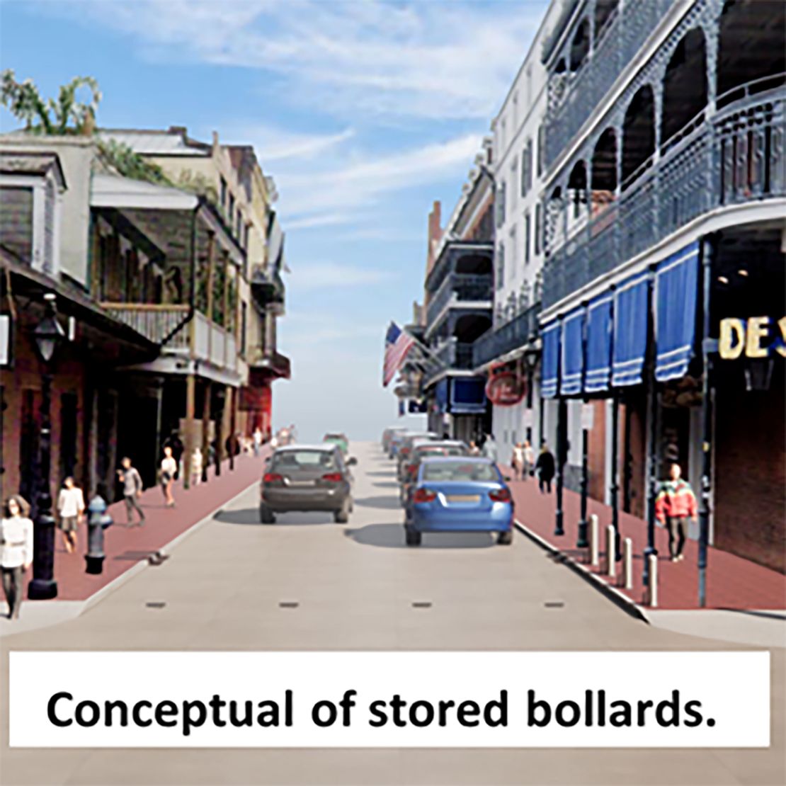 This illustration shows what a stretch of Bourbon Street will look like when bollards are stored and the street is open to vehicles.