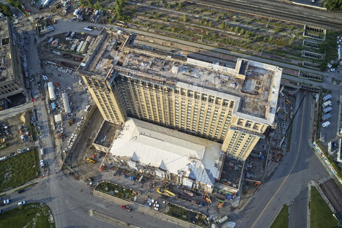 An aerial view of Michigan Central Station and the surrounding property, including the former Book Depository (left), under construction in 2020.