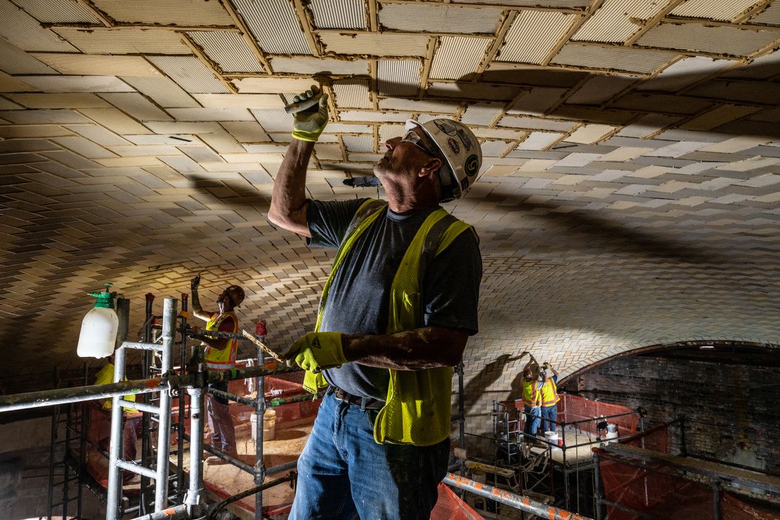 Tuckpointing work on a ceiling at Michigan Central Station in 2021.