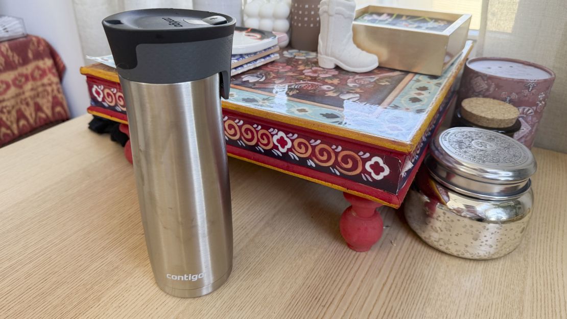 A silver Contigo West Loop 2.0 travel mug