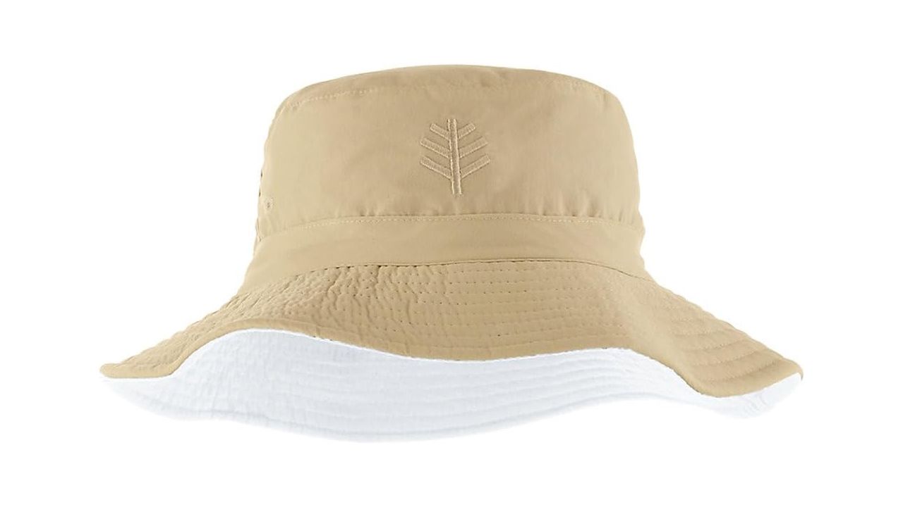 A photo of a tan Coolibar Kid's Landon Reversible Bucket Hat