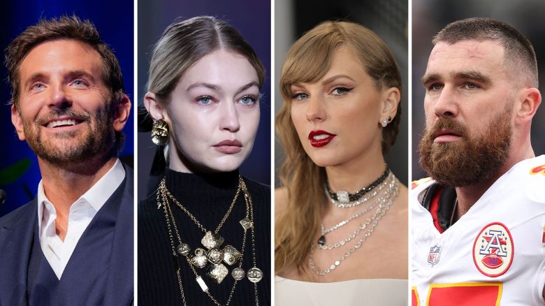 A photo collage of Bradley Cooper, Gigi Hadid, Taylor Swift and Travis Kelce