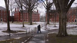 Una persona camina por Harvard Yard en Cambridge, Massachusetts.