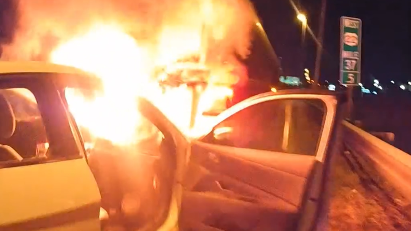 Video shows dramatic moment police officer pulls man from burning car