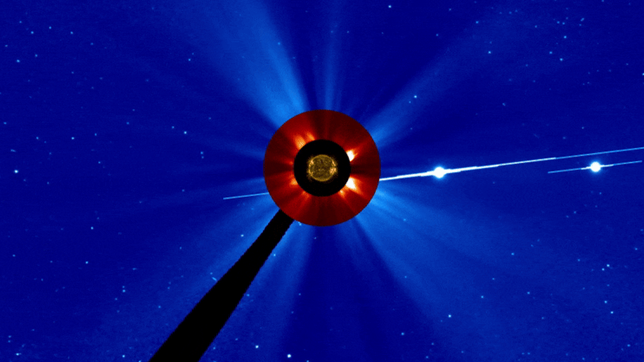 On 27 May 2024, the hyperactive sunspot region AR3664 announced its return to the Sun's side facing Earth by sending out a class X2.9 flare and blasting out a large amount of material. The coronal mass ejection can be clearly seen in this video as a bright burst of material from the left side of the Sun.<br />This video combines images of the Sun taken by NASA's <a href="index.php?page=&url=https%3A%2F%2Fsdo.gsfc.nasa.gov%2F" target="_blank">Solar Dynamics Observatory</a> with coronagraph images taken by the ESA/NASA <a href="index.php?page=&url=https%3A%2F%2Fwww.esa.int%2FScience_Exploration%2FSpace_Science%2FSOHO" target="_blank">SOHO</a> mission LASCO C2 (red) and C3 (blue) instruments. The bright spots to the right of the Sun are Jupiter and Venus.