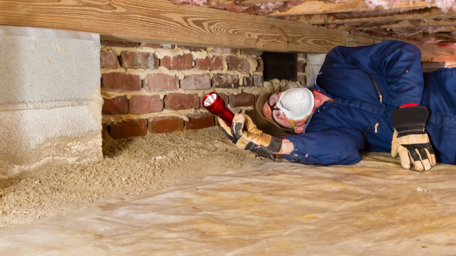 Termite inspector inspects a sill in a residential crawl space.